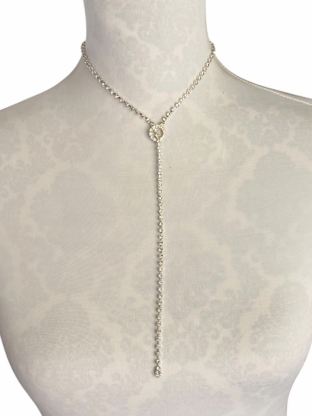 Sparkling Silver Tone Rhinestone Y Necklace | Lariat Drop Necklace | Bridal Prom
